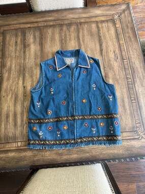 Tantrum Blues Vintage Embroidered Denim Fringe Zip-Up Vest Size 1X